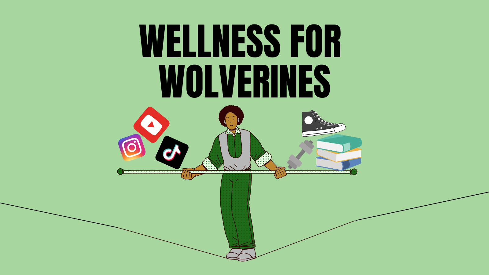 A student walks a tightrope with a balancing pole. On one side are the icons for tik tok, instagram, and youtube. The other side depicts a stack of books, a weight, and a shoe