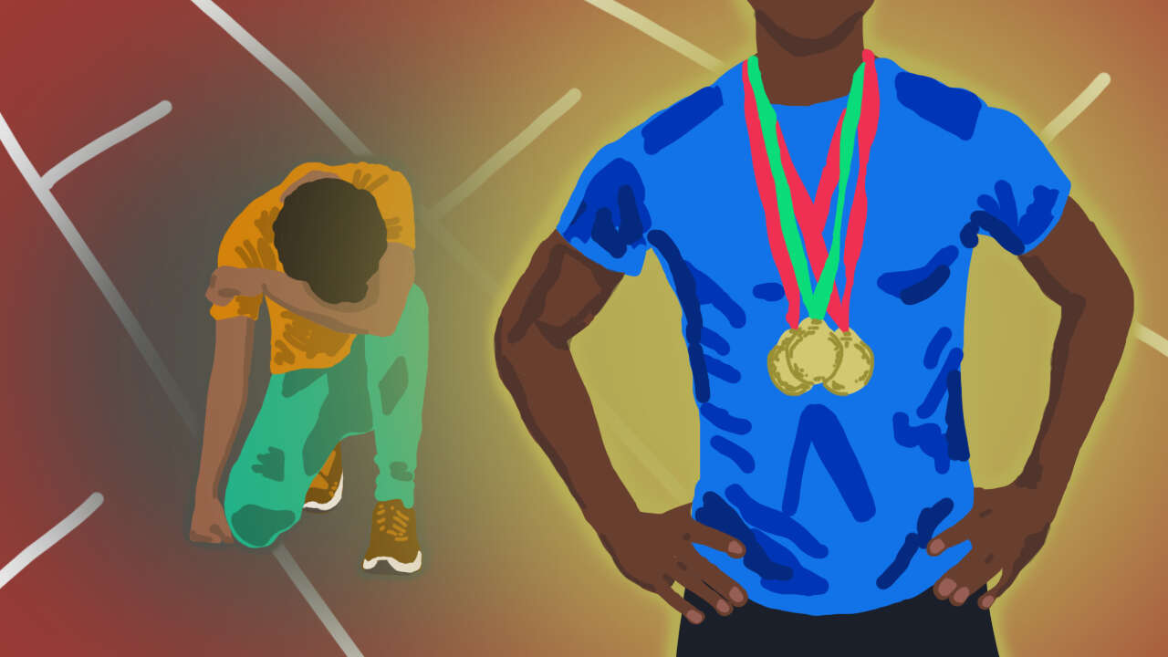 A graphic of a man with a metal standing next to another man struggling.