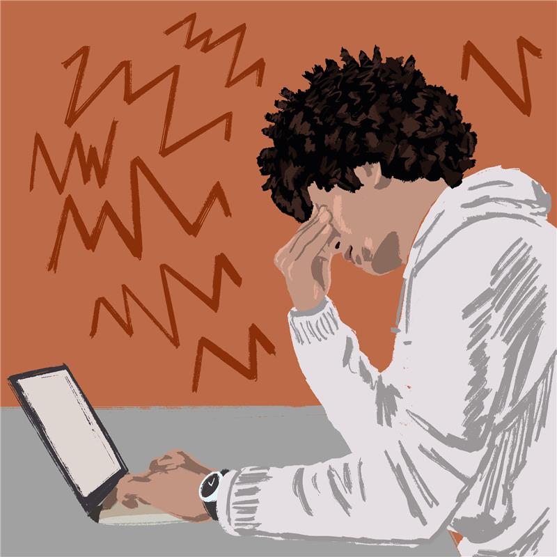 An illustration of a student holding their face in their hands as they sit in front of an open laptop, with jagged lines around them to signify anxiety