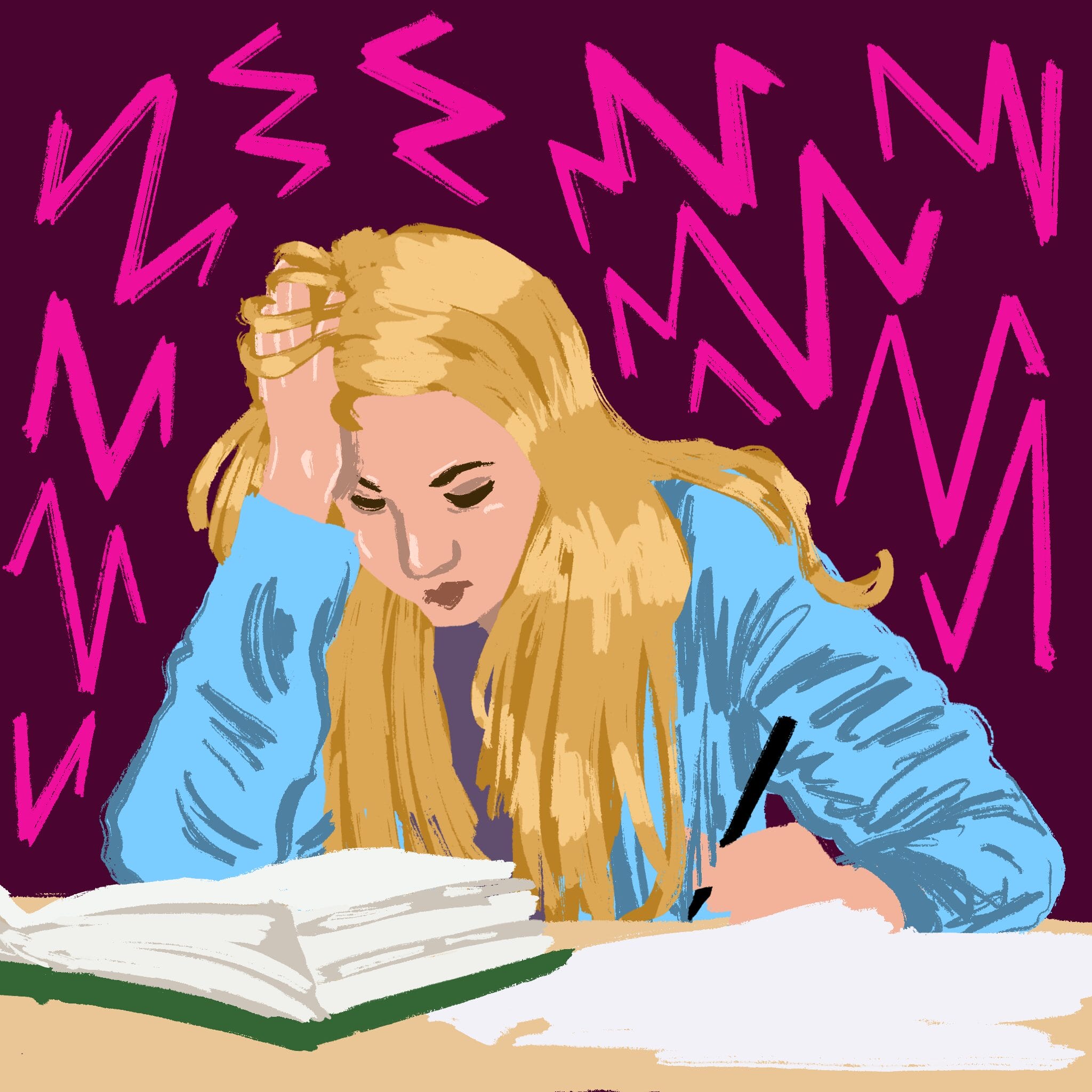An illustration of a student holding her head in her hand as she studies over an open book, with purple zig-zags radiating outward to signify stress